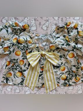 Anthropologie Orange Print Top with BACK Striped Bow